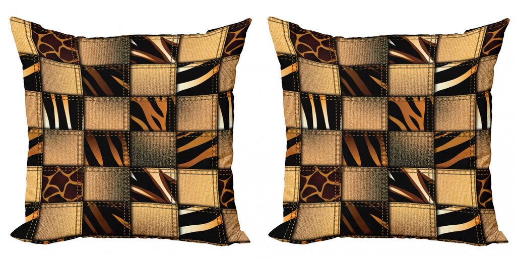 ABAKUHAUS Safari Kissenbezug Set (2Stück), Jeans Denim Patchwork in Safari Stil Wildnis stilisierte Design Kunstdruck, 60x60cm, Braun und Schwarz