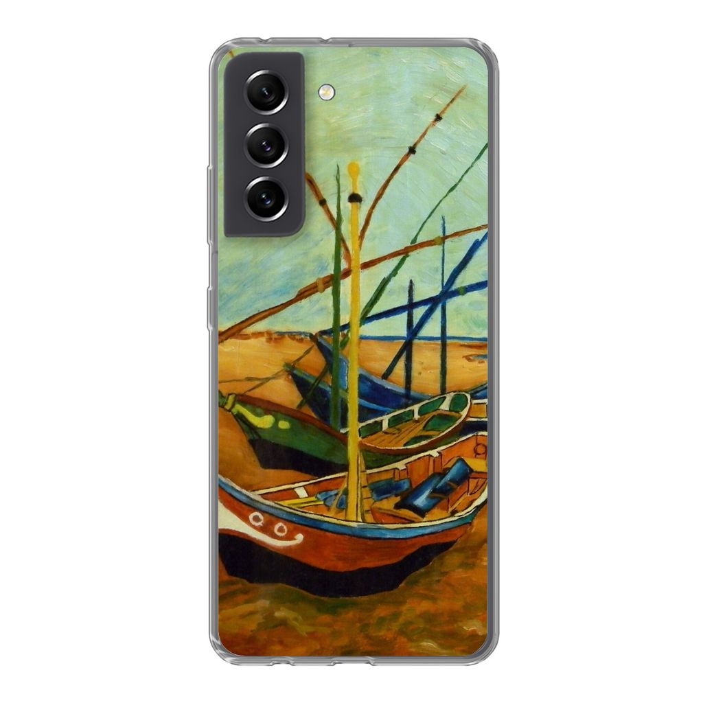 MuchoWow Handyhülle Schutzhülle Hülle für Samsung Galaxy S21 FE Fischerboote am Strand - Vincent van Gogh Silikon Softcase Handy Hülle - Mob...