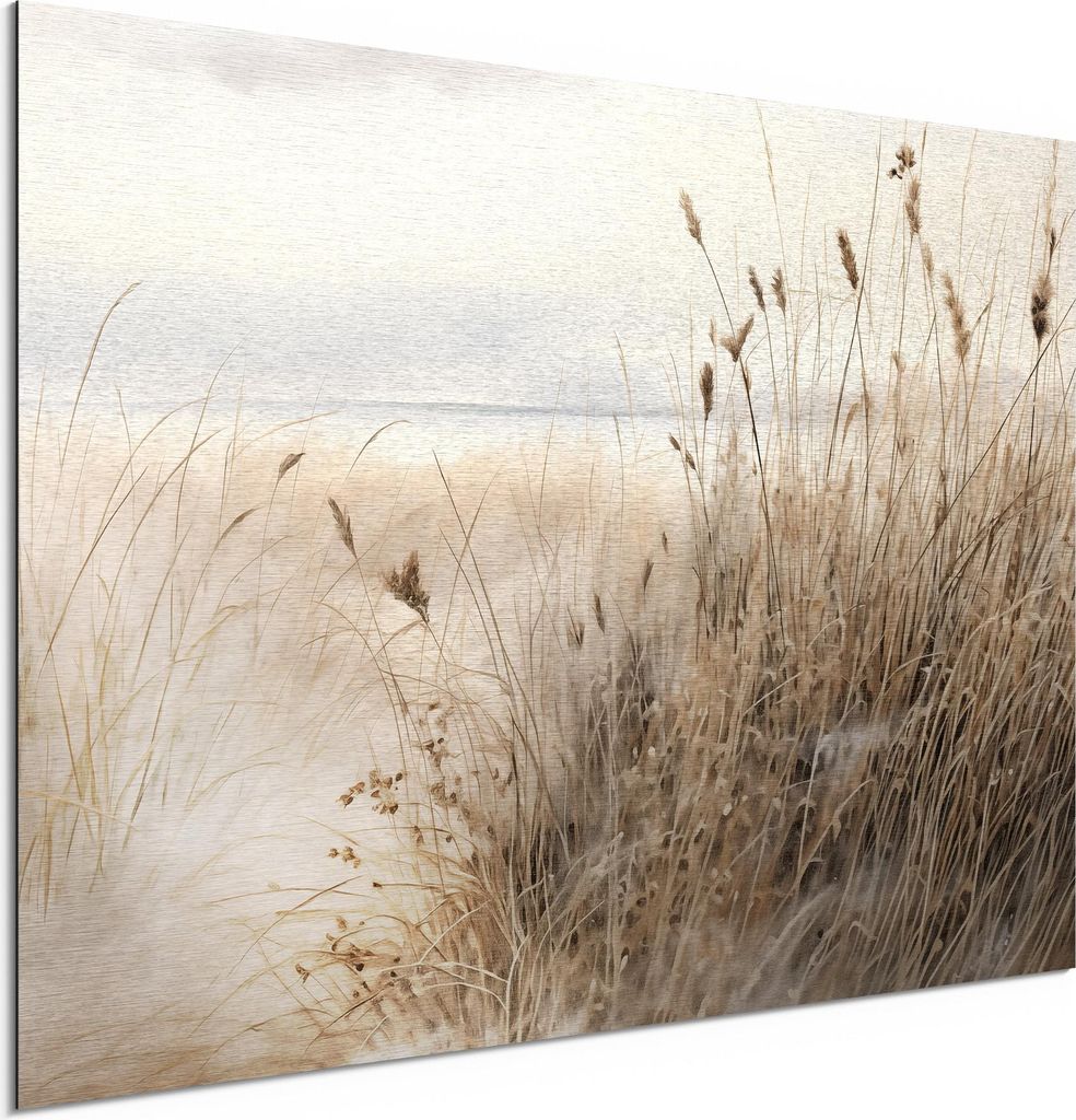 DEQORI Alu-Dibond Bild Silber 60x40 cm 'Flüstern im Dünengras' Wandbild Metall dünn
