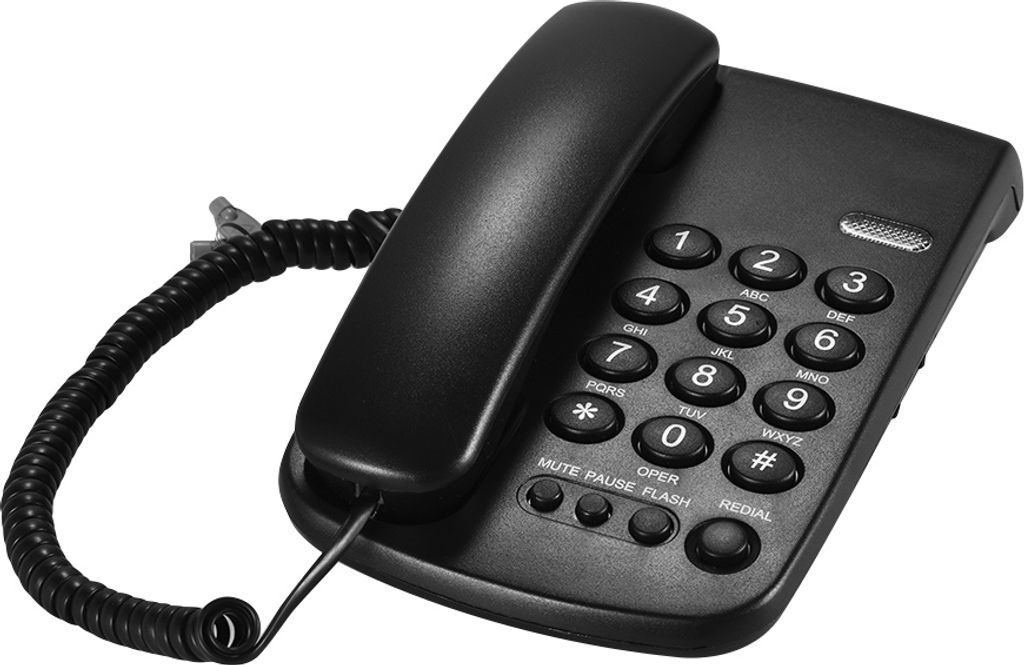 A black corded telephone is shown against a white background.