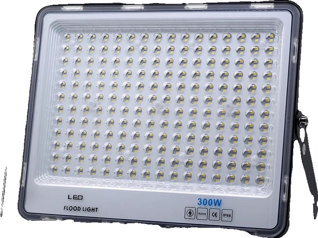 A close-up studio shot of a black and white LED floodlight.