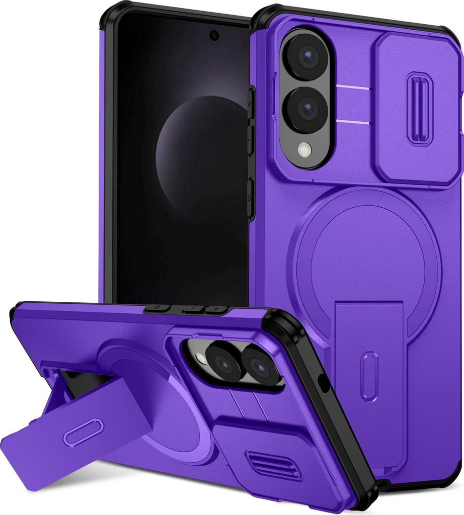 Magnetisch Hülle für Samsung Galaxy S25 Edge, Dual Layer Stoßfest Handyhülle mit Dia Kameraschutz, Verstellbarem Ständer Lila