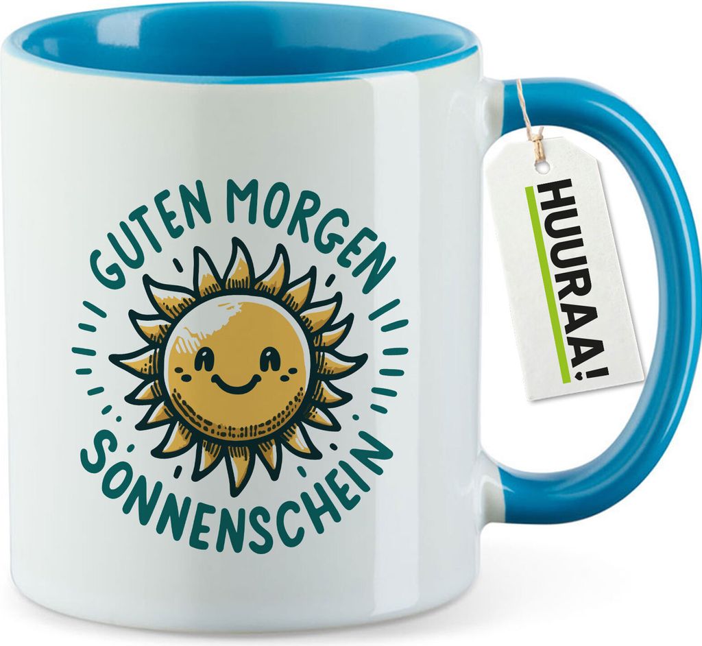 Huuraa Kaffeetasse Guten Morgen Sonnenschein Sonne 330ml Blau Keramik Kaffeebecher Geschenkidee