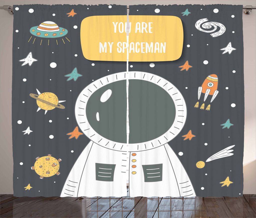 ABAKUHAUS Astronaut Rustikaler Gardine, Cosmic Doodle Rakete, Schlafzimmer Kräuselband Vorhang mit Schlaufen und Haken, 280 x 245 cm, Mehrfarbig Grau