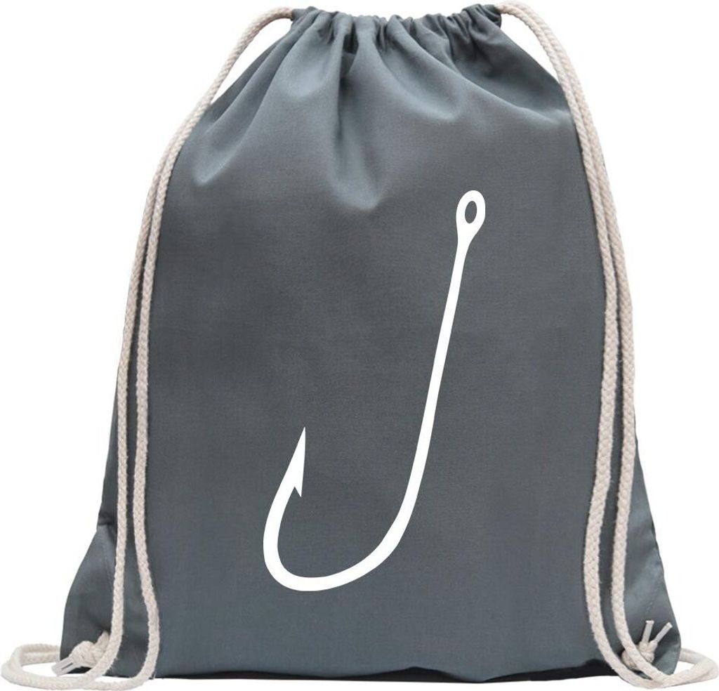 Kiwistar - Turnbeutel - stahlgrau - Angelhaken - Fun Rucksack Sport Beutel Gymsack Baumwolle mit Ziehgurt
