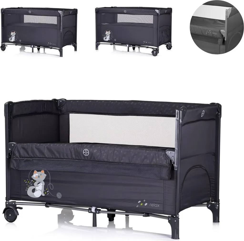 Lit de Voyage à Front Abaissable Chipolino Relax Noir et Gris Foncé
