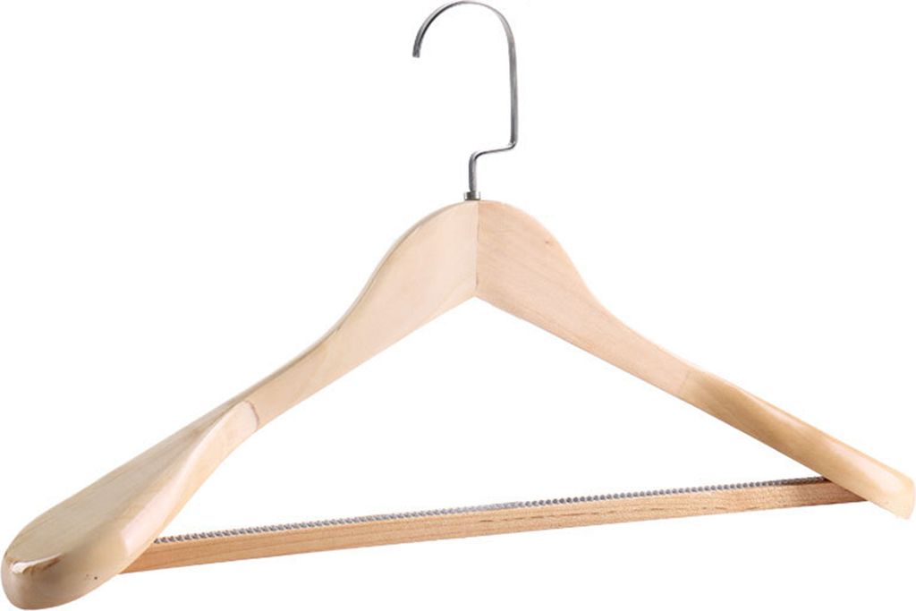 Breiter Schulterbügel mit stabilem Haken. Rutschfester, platzsparender Kleiderbügel für saubere und knitterfreie Kleidung.