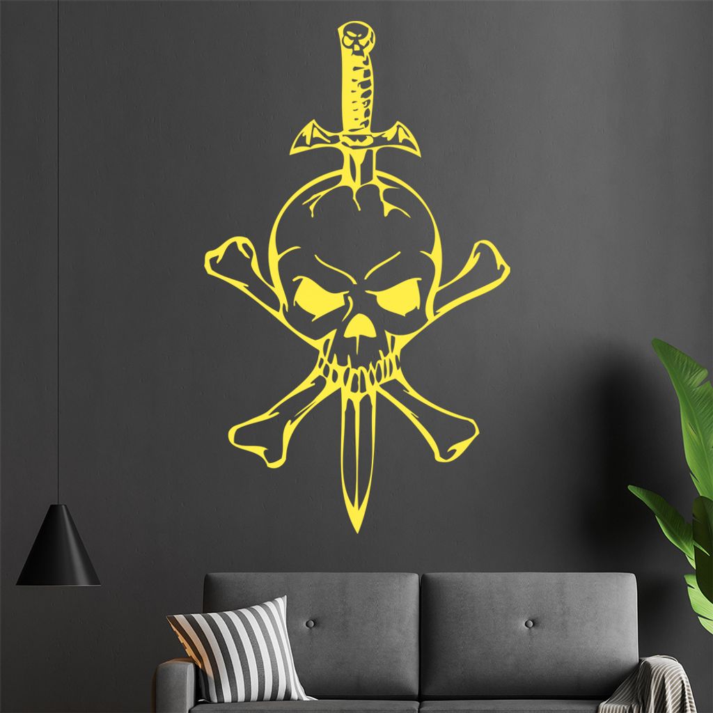 Schädel mit Dolch Wandtattoo in 6 Größen - Wandaufkleber Wall Sticker - Dekoration, Küche, Wohnzimmer, Schlafzimmer, Badezimmer