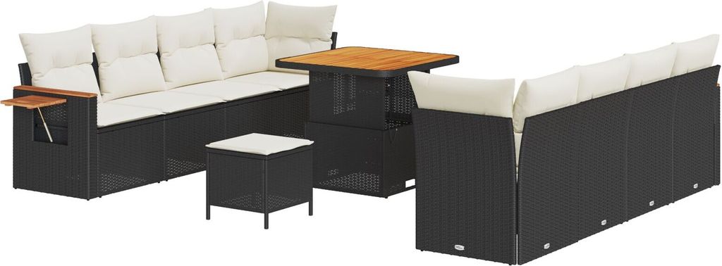 Möbel 11-teiliges Garten Sofa Set mit Kissen Schwarz Poly Rattan Akazie, 3-teiliges Garten Essbereich Set mit Kissen Schwarz Poly Rattan Akazie - ...