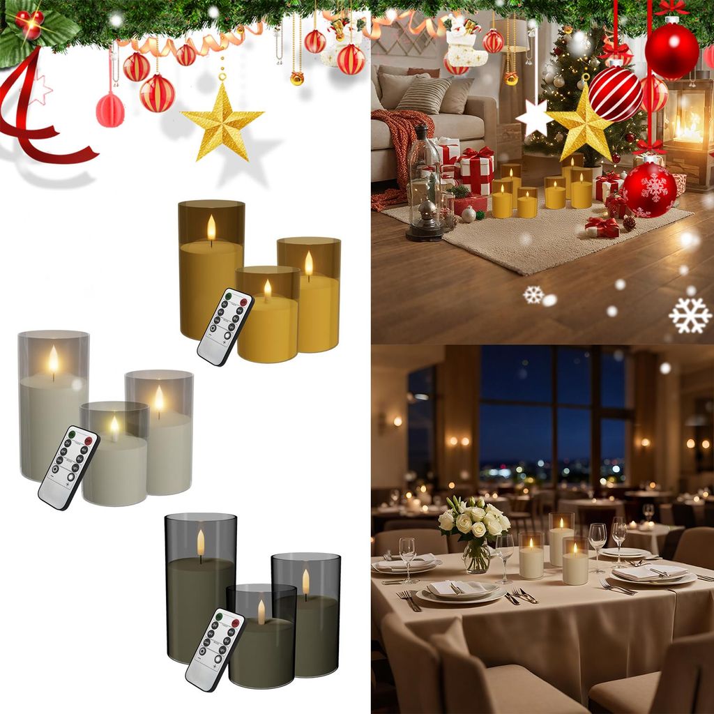 XINZI LED Kerzen 3er Set Gold, Flammenlose Säulenkerzen Ø7,5 x 10/12,5/15 cm, Fernbedienung, Timer, Batteriebetrieben, Flackernd, Indoor&Outdoor