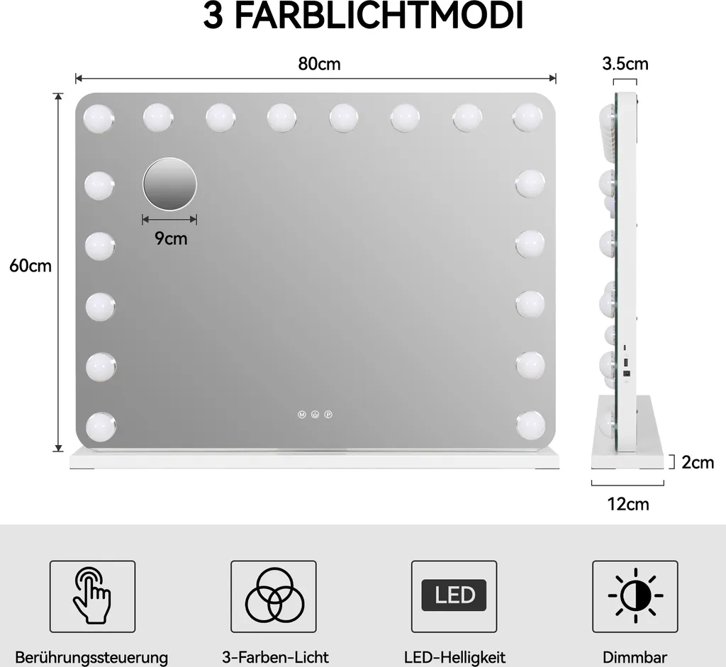 Puluomis Miroir Hollywood 80x60cm avec 18 LED Variable et Port USB Blanc
