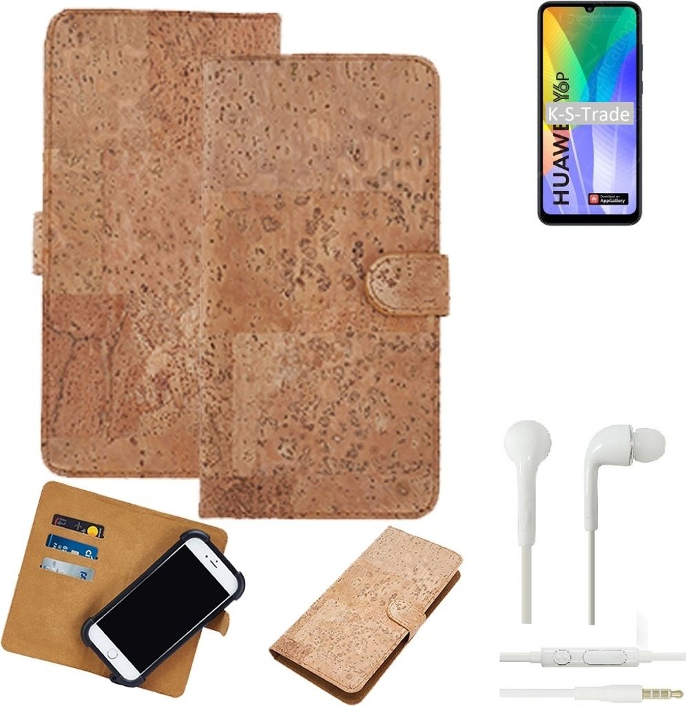 K-S-Trade Hülle kompatibel mit Huawei Y6p + in ear Kopfhörer Kork Handyhülle Cover Schutzhülle TPU Case Bumper in Hellbraun, (1x)