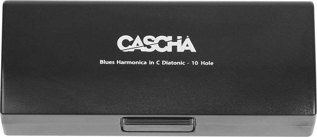 The image shows the closed case of a harmonica.