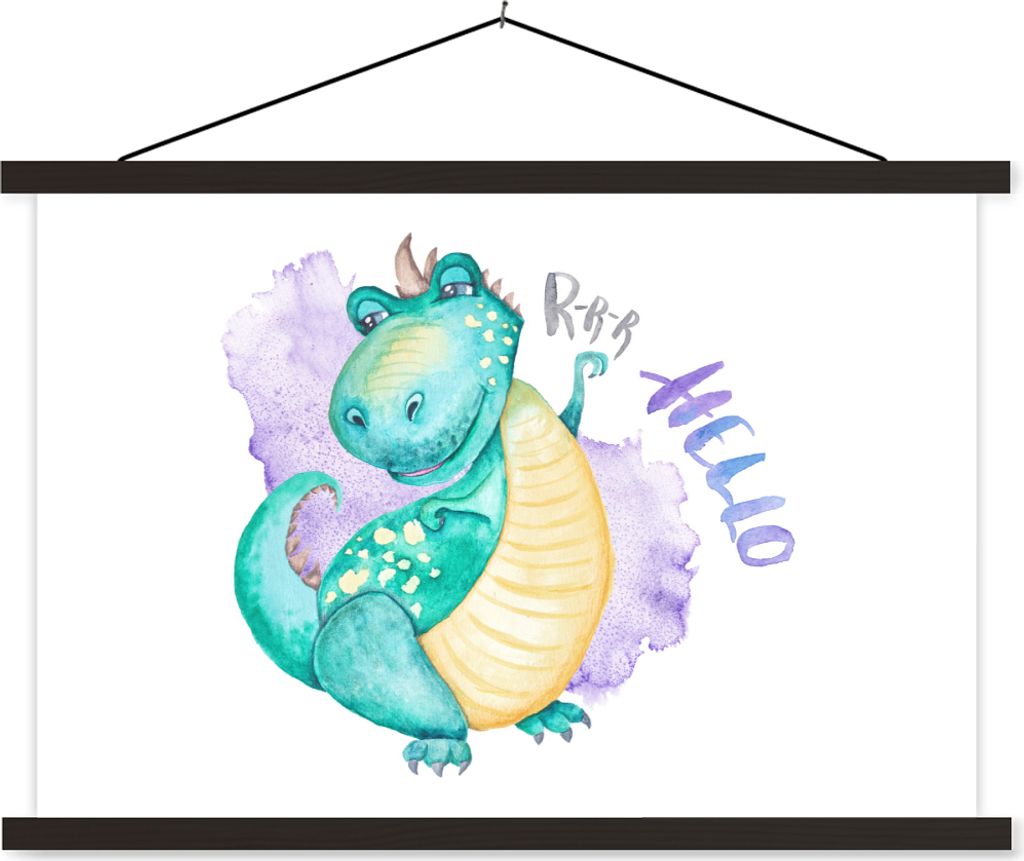 MuchoWow Textilposter Dinosaurier - Kinderzimmer - Grün - Jungen - Mädchen - Kinder 60x40 cm mit schwarzem Rahmen - Hölzernes