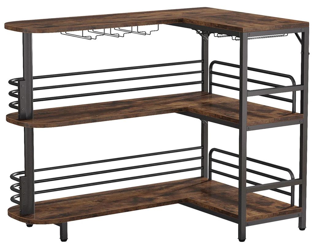 Hausbar - L-förmiger Eck-Bartisch - 3 Ebenen für Flaschen - Stauraumregale - Gläserhalter - Braun