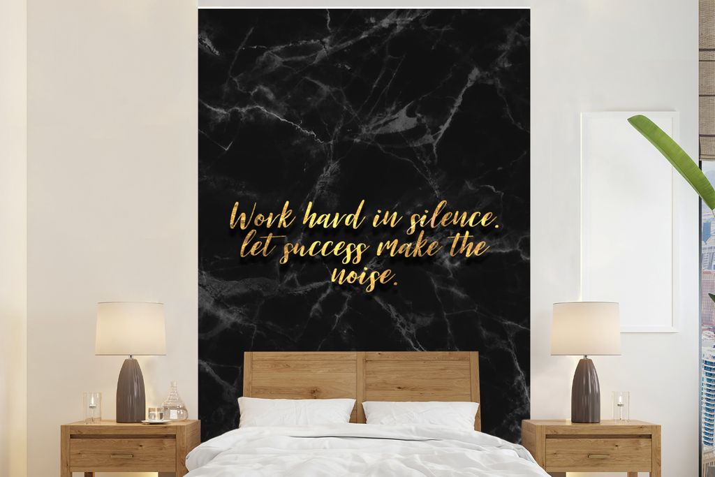 MuchoWow Fototapete für Wohnzimmer oder Schlafzimmer Wandtapete Vinyl Motivtapete Zitat - Arbeit - Gold - Marmor - 195x300 cm - Das Hintergrundbild