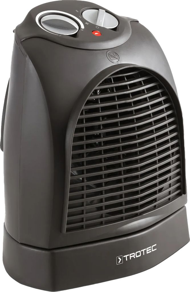 A black electric heater with a fan and controls on top, set against a white background.