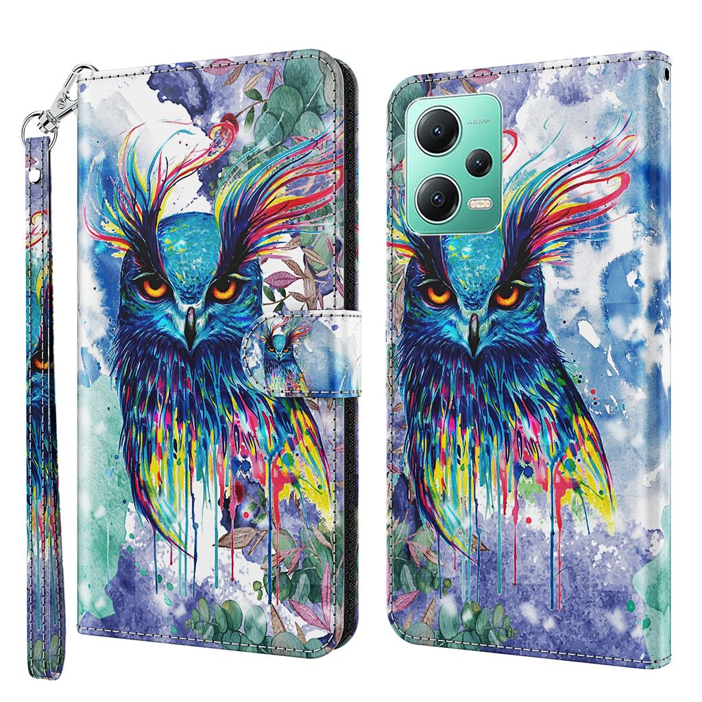 CLM-Tech Hülle kompatibel mit Redmi Note 12 5G - Tasche aus Kunstleder - Klapphülle mit Ständer und Kartenfächern, Eule bunt