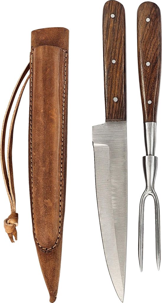 Mittelalter-Besteck Set mit Gabel in Doppellederscheide Holz