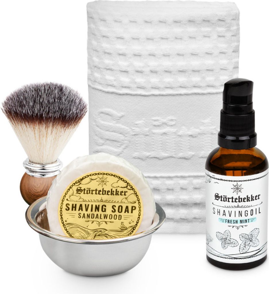 Störtebekker Rasurpflege Set - Mit Rasierpinsel, Rasierschale, Rasiertuch, Rasieröl, Rasierseife (Sandelholz) - Rasierset / Bartpflege - Geschenk...