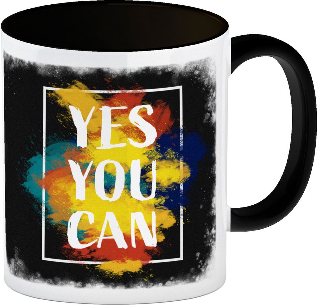 Yes you can Kaffeebecher Schwarz mit buntem Motiv