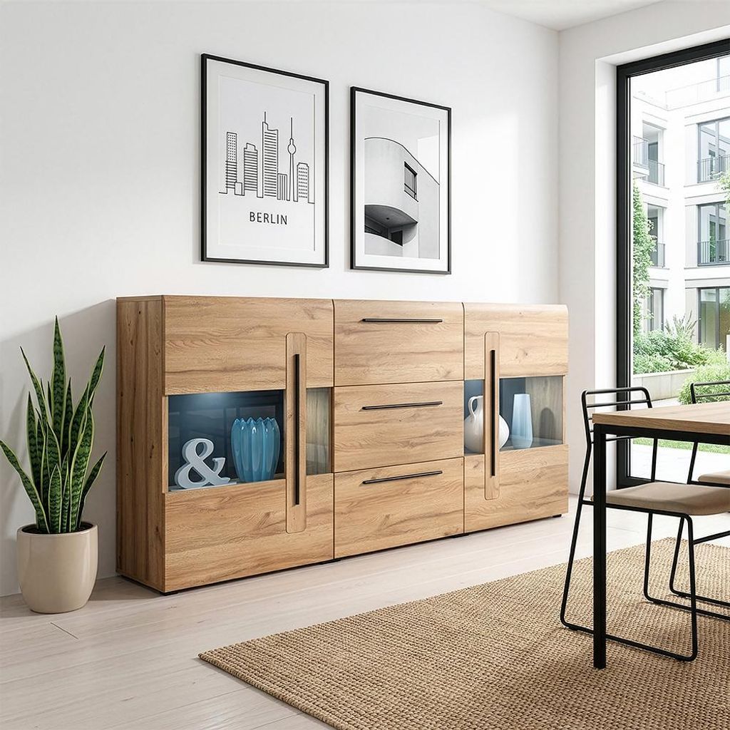 Sideboard Eiche Grandson Nb. mit Glas Elementen TURDA-83 inkl. LED Beleuchtung, B/H/T: ca. 180/103/39 cm