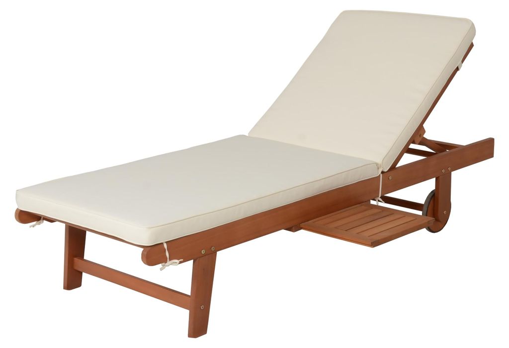Sonnenliege SANO Verstellbar mit Auflage Beige Eukalyptus | Gartenliege mit Rollen Relaxliege Wetterfest