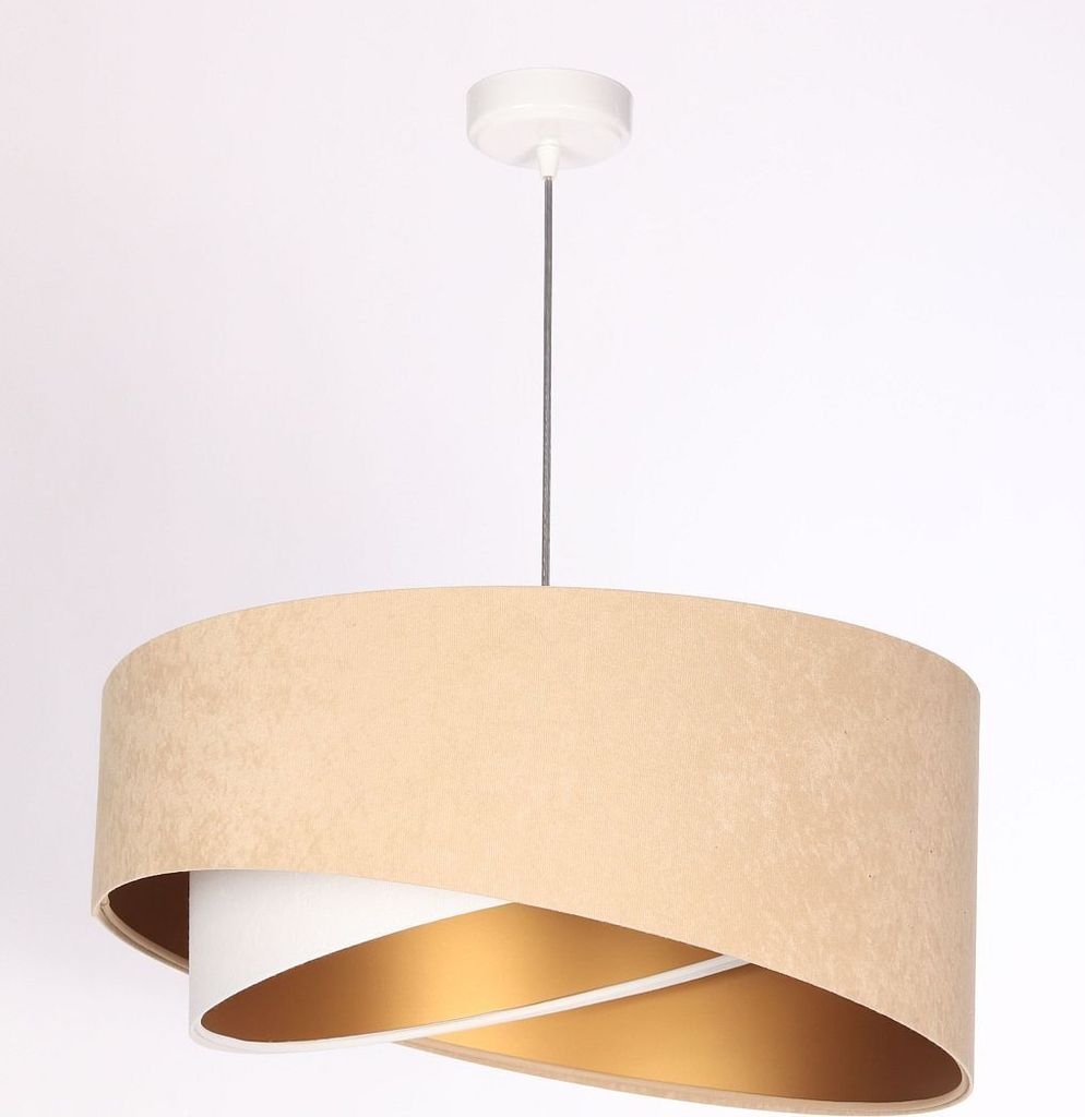 Hängelampe Stoff E27 rund Ø 50 cm H: max. 102 cm in Weiß Beige Gold Modern Hängeleuchte