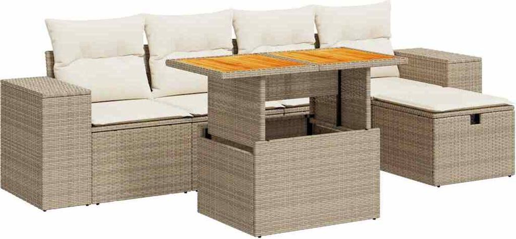 vidaXL 6-tlg. Garten-Sofagarnitur mit Kissen Beige Poly Rattan Akazie