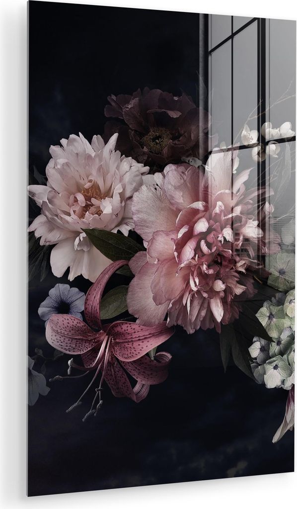 MuchoWow Glasbilder - Bilder auf Wandbild - Foto auf Glas Blumen - Vintage - Pastell - Schwarz - Blumenstrauß 40x60 cm Wanddekoration aus Glas - A...
