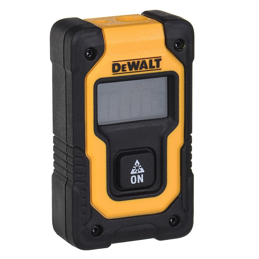 A DeWALT laser distance measurer is shown against a white background.