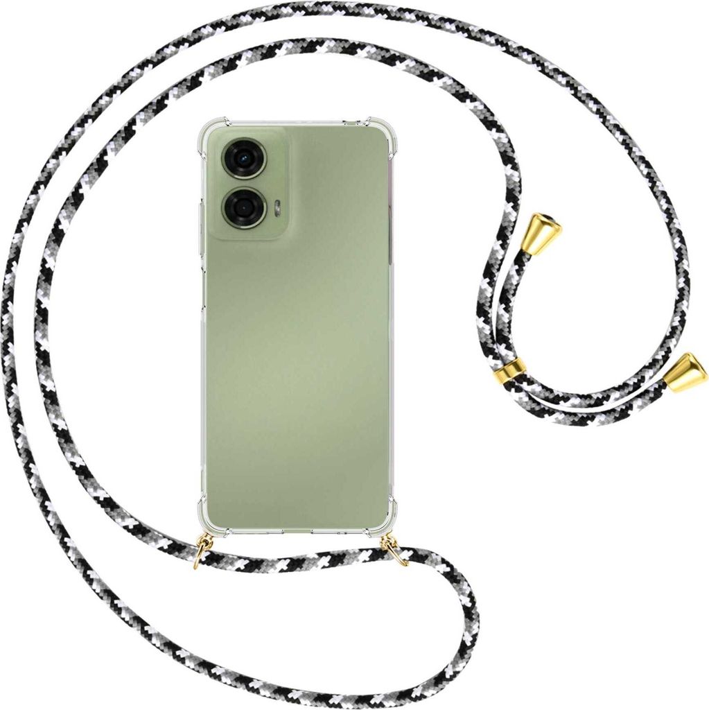 Handykette Backcover-Schutzhülle mit Band (Metall goldfarben) für Motorola Moto G24 - schwarz/grau/weiß