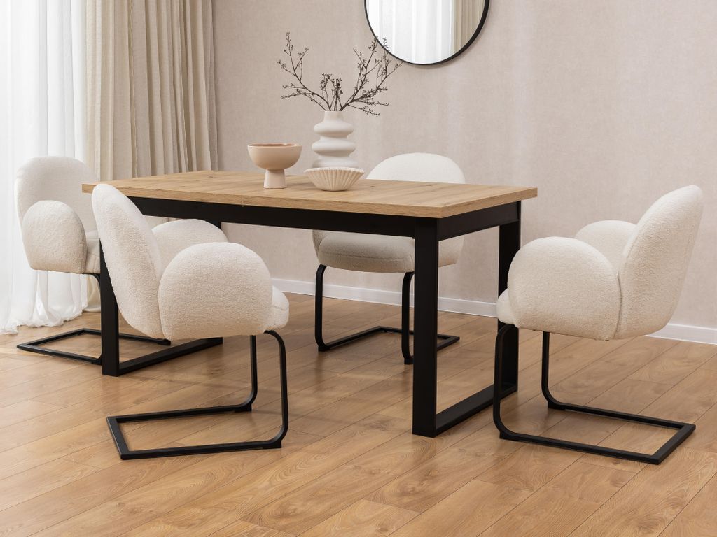 Vela - 2er Set Polsterstuhl im Japandi Stil und im runden Design aus weißem Bouclé mit schwarzem Metallgestell