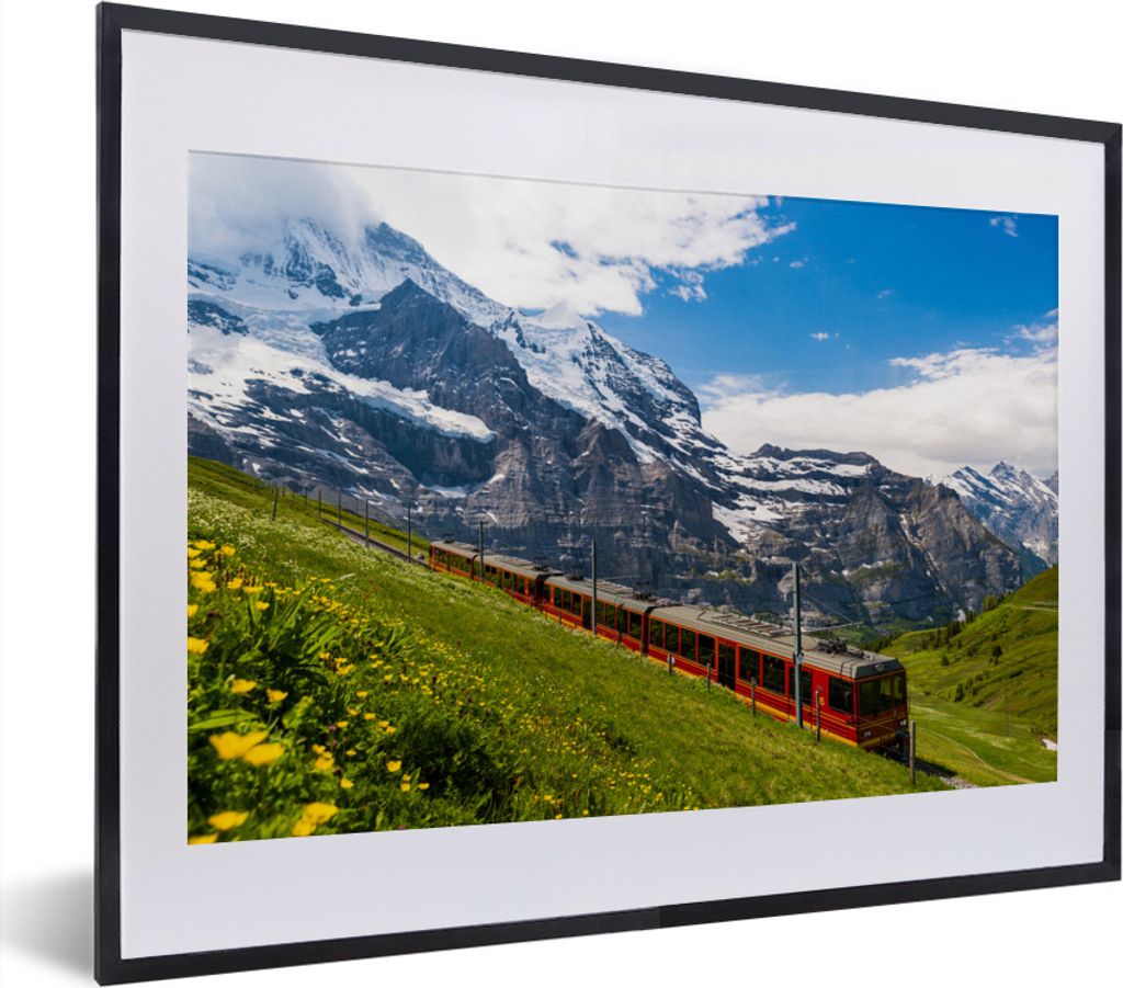 MuchoWow MuchoWow Gerahmtes Poster Ein roter Zug in den Alpen 40x30 cm - Poster mit zchwarzem Bilderrahmen - Bilderrahmen - Poster im Rahmen