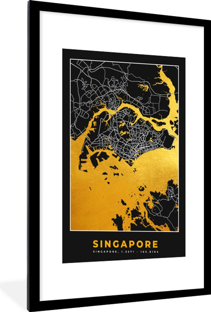 MuchoWow Gerahmtes Poster Singapur - Stadtplan - Gold - Karte 60x90 cm - Poster mit Schwarzem Bilderrahmen Wandposter Rahmen Foto Bilder - Dekora...