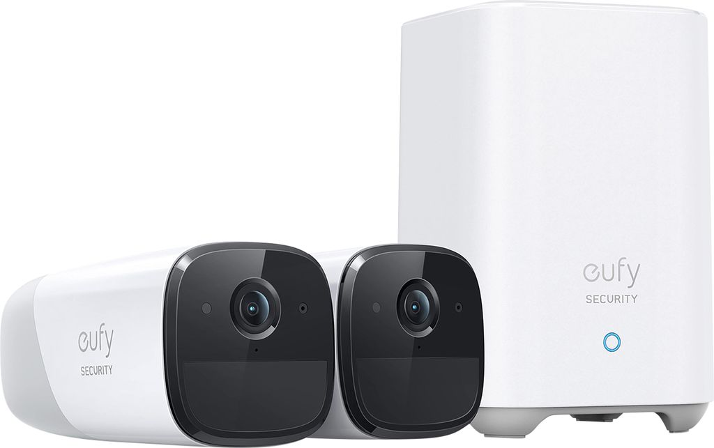 A white Eufy security camera system with two cameras and a base station, displayed on a white background.