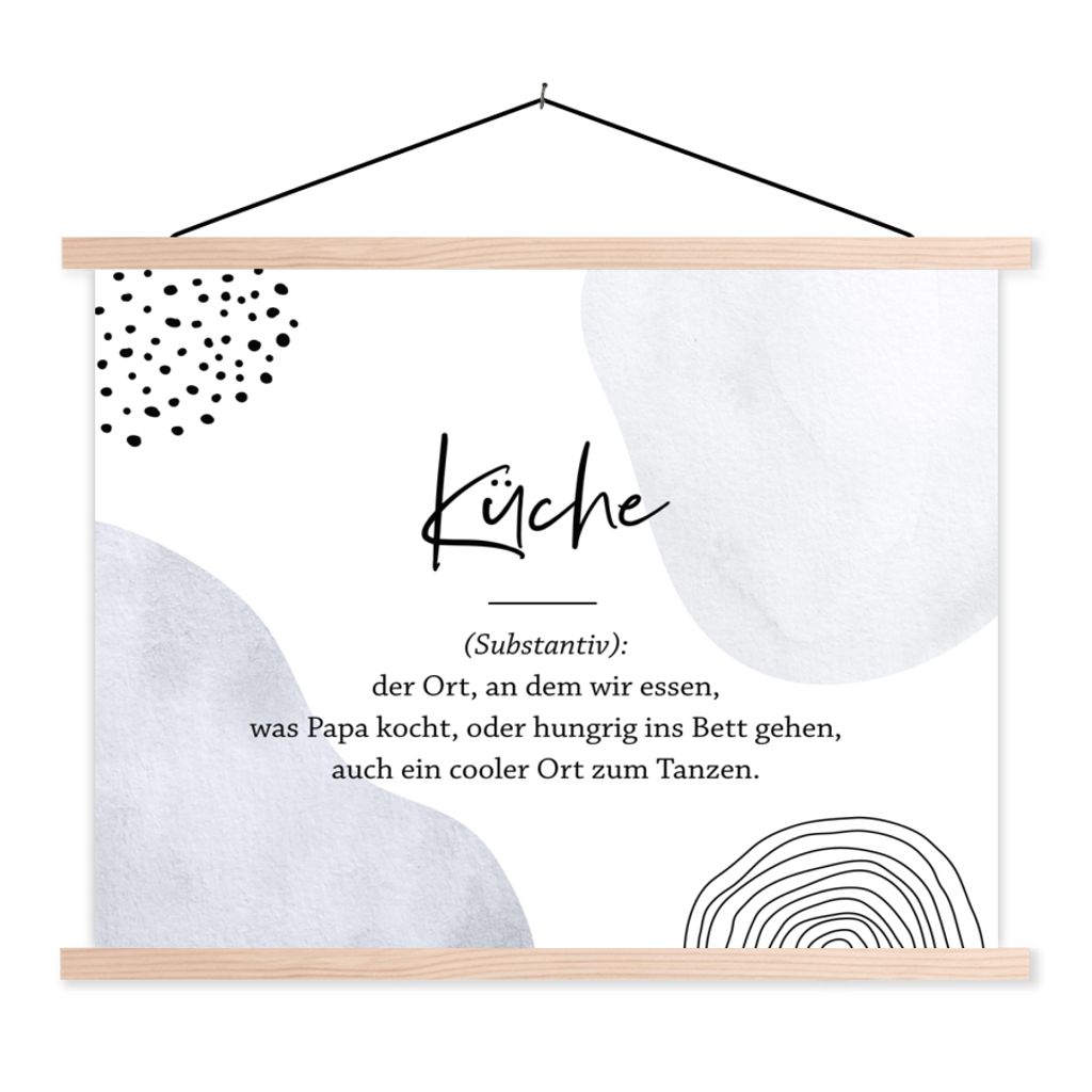 MuchoWow Textilposter Sprichwörter - Küche - Wörterbuch - Zitate - Definition Küche 120x90 cm mit holzfarbenen Rahmen - Magnetisch