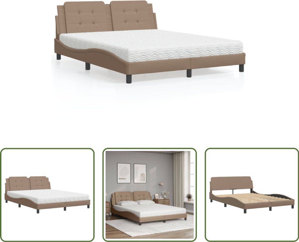 The Living Store Bett mit Matratze Cappuccino-Braun 160x200 cm Kunstleder