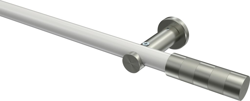 Interdeco Gardinenstange / Vorhangstange Weiß / Edelstahl-Optik, Typ Platon Mavell (Zylinder Bicolor) ohne Ringe, 20 mm Ø 1-läufig, 240 cm