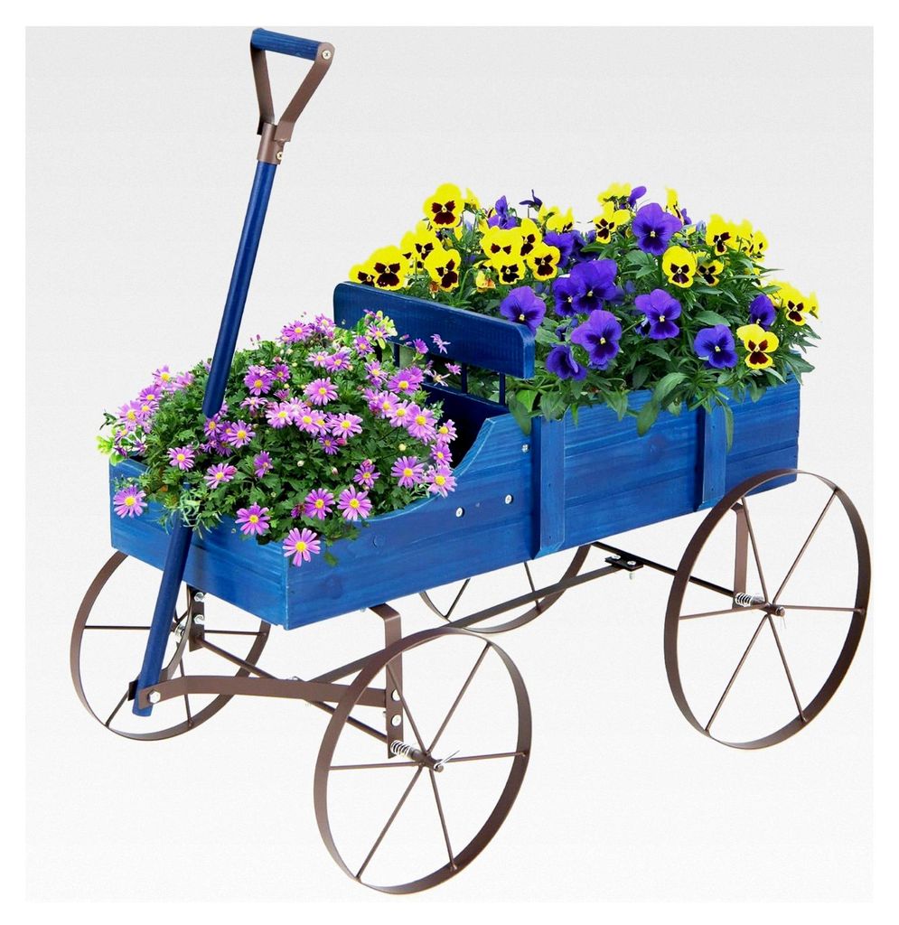 Blumenständer, Blumenwagen mit 4 Rädern aus Metall, Pflanzenständer aus Massivholz, Blumenkasten Deko, Holzwagen für Garten & Balkon (Blau)