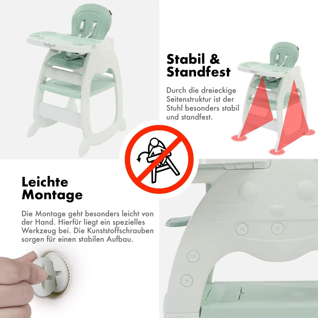Chaise haute 4 en 1 harnais 5 points et tablette d'apprentissage - Vert