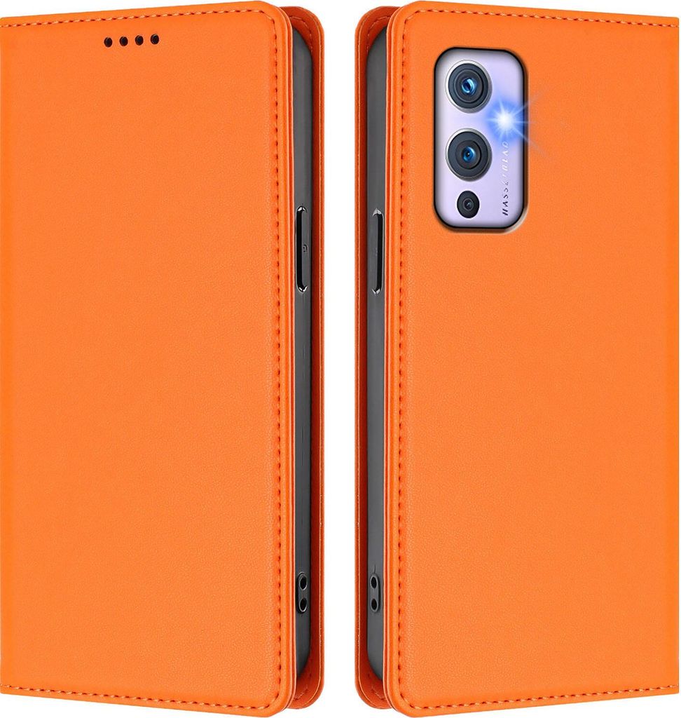 Handyhülle für OnePlus 9, Kunstleder Klapphülle Stoßfeste Magnetische Hülle mit Ständer Orange