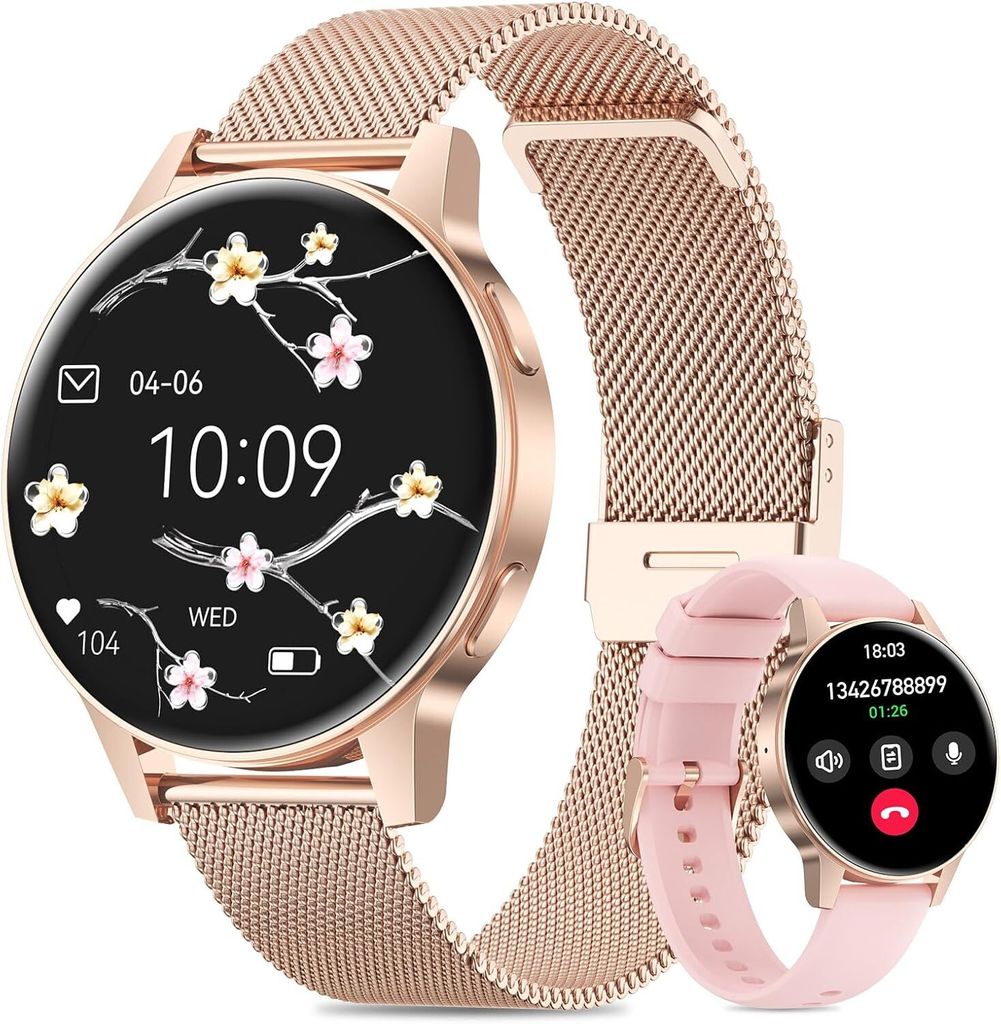 2025 Smartwatch Damen mit SIRI/ET/HRV, 1.27" TFT Voll Touch Screen Smart Wach mit Telefonfunktion Pulsuhr Menstruationszyklus IP68 Schlafüberwachung