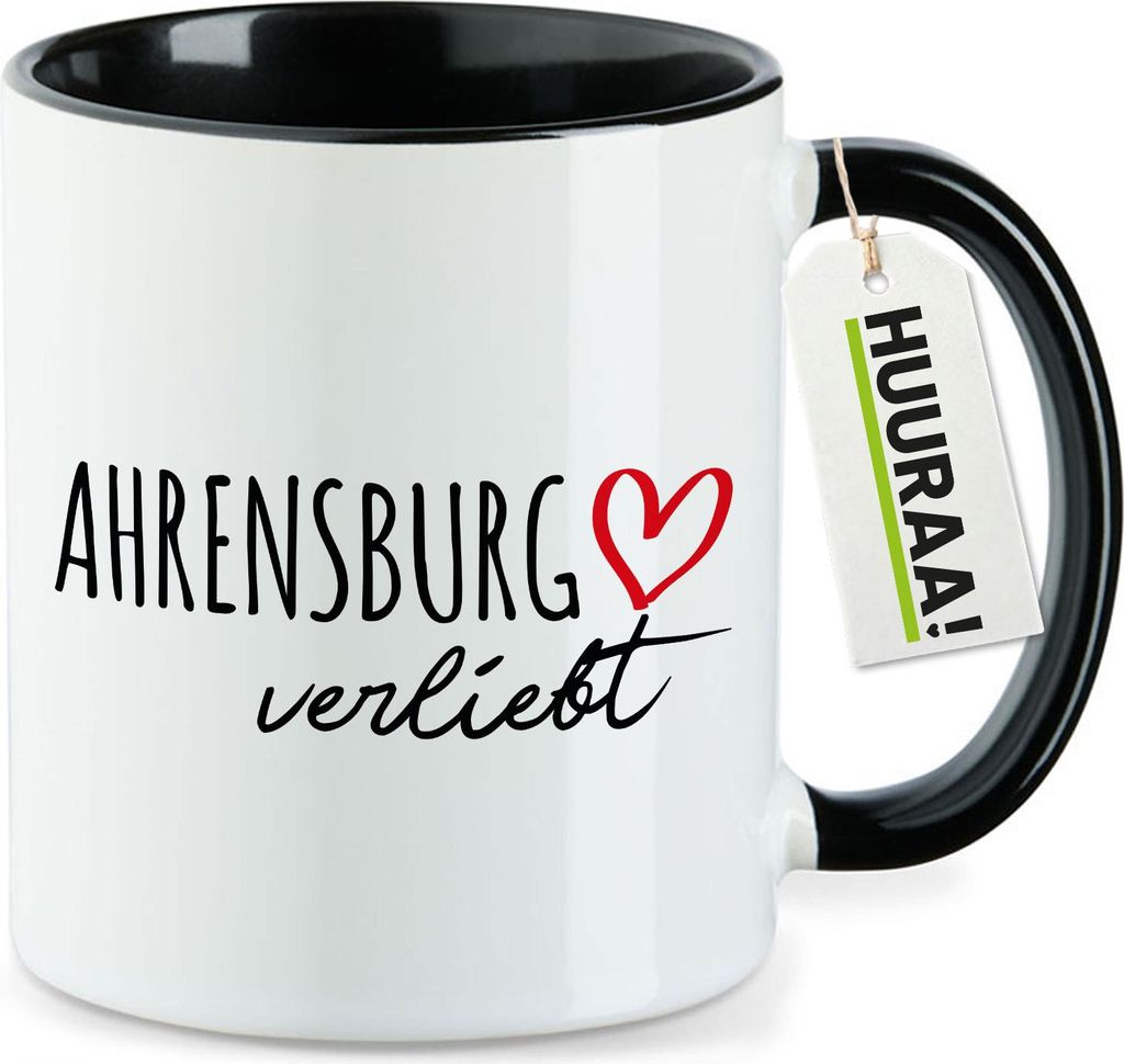 Huuraa Kaffeetasse Ahrensburg verliebt 330ml Schwarz Keramik Kaffeebecher Geschenkidee