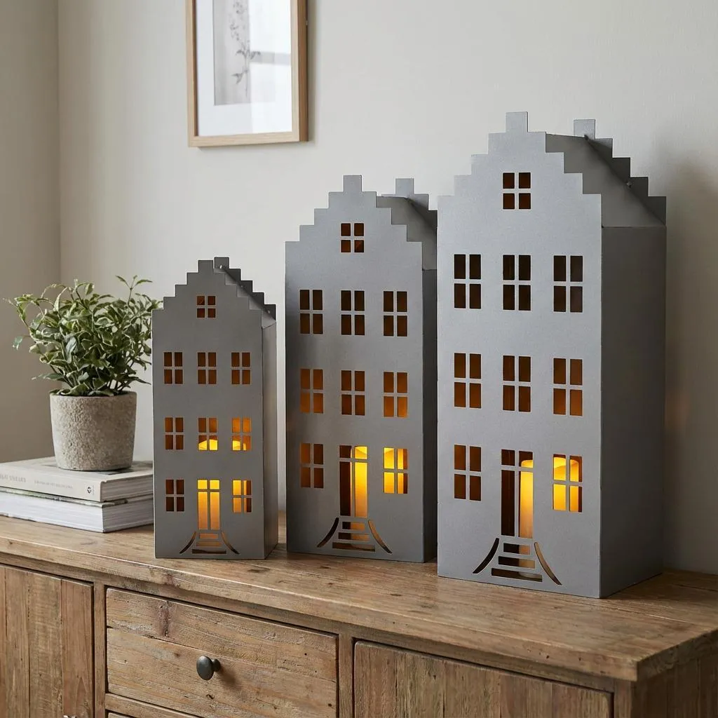 Set Lanterne Decorative a Casetta Antracite - Candele LED Incluse