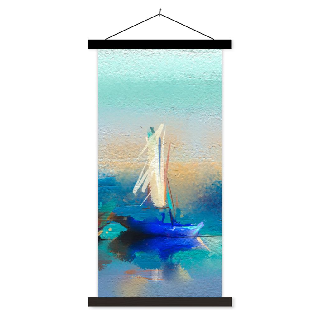 MuchoWow Textilposter Gemälde - Ölfarbe - Boot - Abstrakt 90x180 cm mit schwarzem Rahmen - Dekoration Wohnzimmer