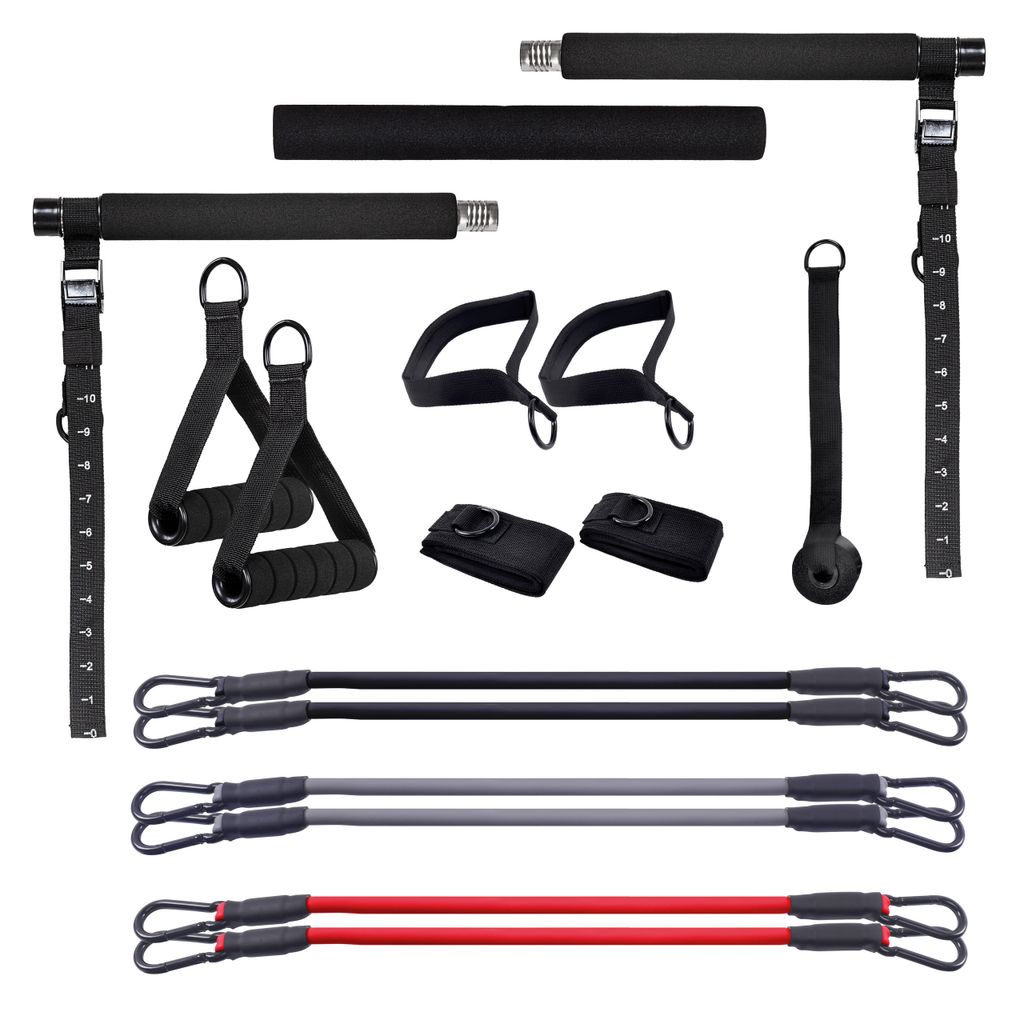 GORILLA SPORTS Pilates Bar Set - Stange, Widerstandsbänder, Hand- und Fußschlaufe, Verstellbar, Stahl, Schaumstoff - Home Gym, Yoga, Fitness Zu...