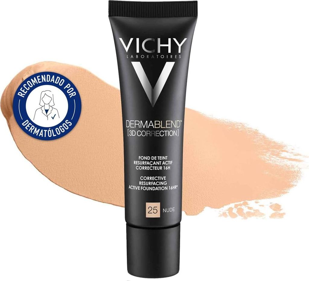 A tube of Vichy Dermablend foundation is shown against a swatch of foundation and a white background. A circular badge with text is also visible.