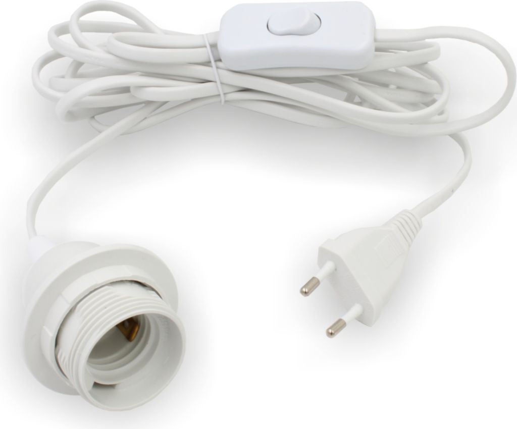 Lampen- Netzkabel PVC mit Schalter und E27 Fassung & Schraubring | Weiss | 5000 mm