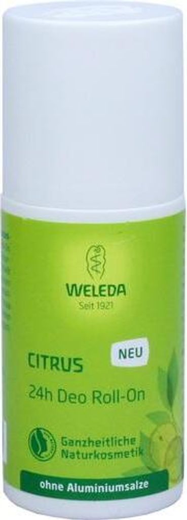 A roll-on deodorant product with green and white packaging.